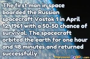 The first man in space boarded the Russian spacecraft Vostok 1 in April 12, 1961 with a 50-50 chance of survival.